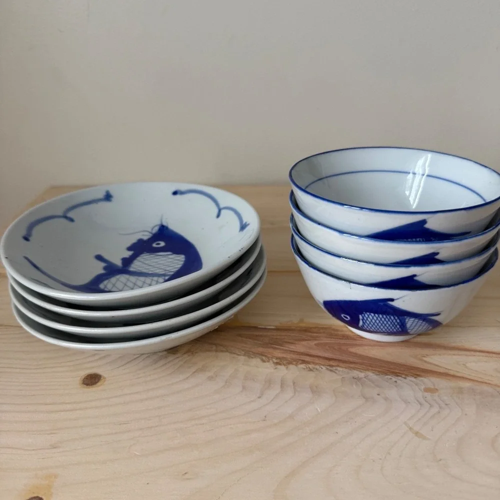 Vintage Chinese Porcelain Blue Fish Bowl & Plate Set of 4 Made in China